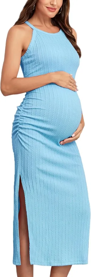 2024 Ribbed Summer Maternity Bodycon Dress Sleeveless Halter Neck Ruched Slit Pregnancy Long Dress Baby Shower Casual