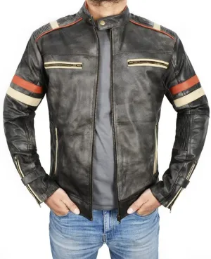 CHICAGO-FASHIONS Mens Retro Cafe Racer Vintage Biker Distressed Black Motorcycle Leather Jacket, XX-Small