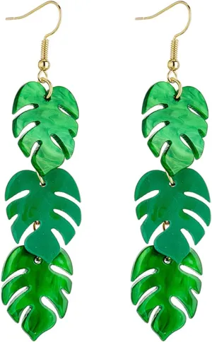 coadipress Green Palm Leaf Earrings for Women Unique Acrylic Resin Lightweight Tropical Green 3 Palm Monstera Leaves Layered Plant Charms Dangle Drop Earring Summer Holiday Beach Jewelry Gifts Nature Lover