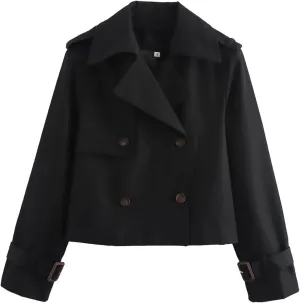 Cropped Trench Coat for Women, Double Breasted Notched Lapel Casual Loose Fit Jackets Cropped Jacket Fashion Outerwear