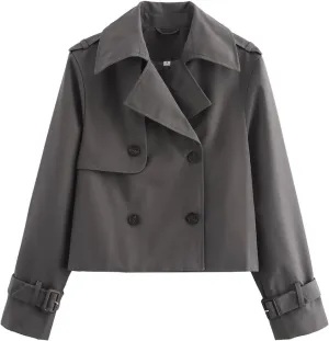Cropped Trench Coat for Women, Double Breasted Notched Lapel Casual Loose Fit Jackets Cropped Jacket Fashion Outerwear