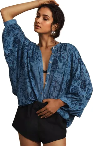 D-Sun Women Printed Shirts Button Down Blouses Long Sleeve Crewneck Lantern Batwing Casual Chiffon Dressy Loose Tops