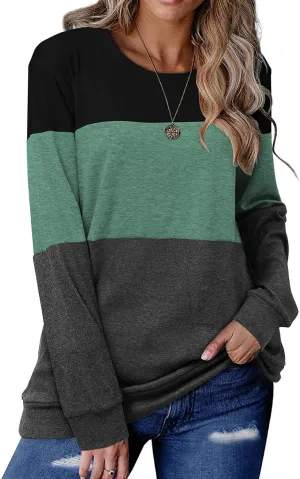 Halife Women's Long Sleeve Color Block Tops Crewneck Sweatshirts Pullover Tunic Shirts Blouses