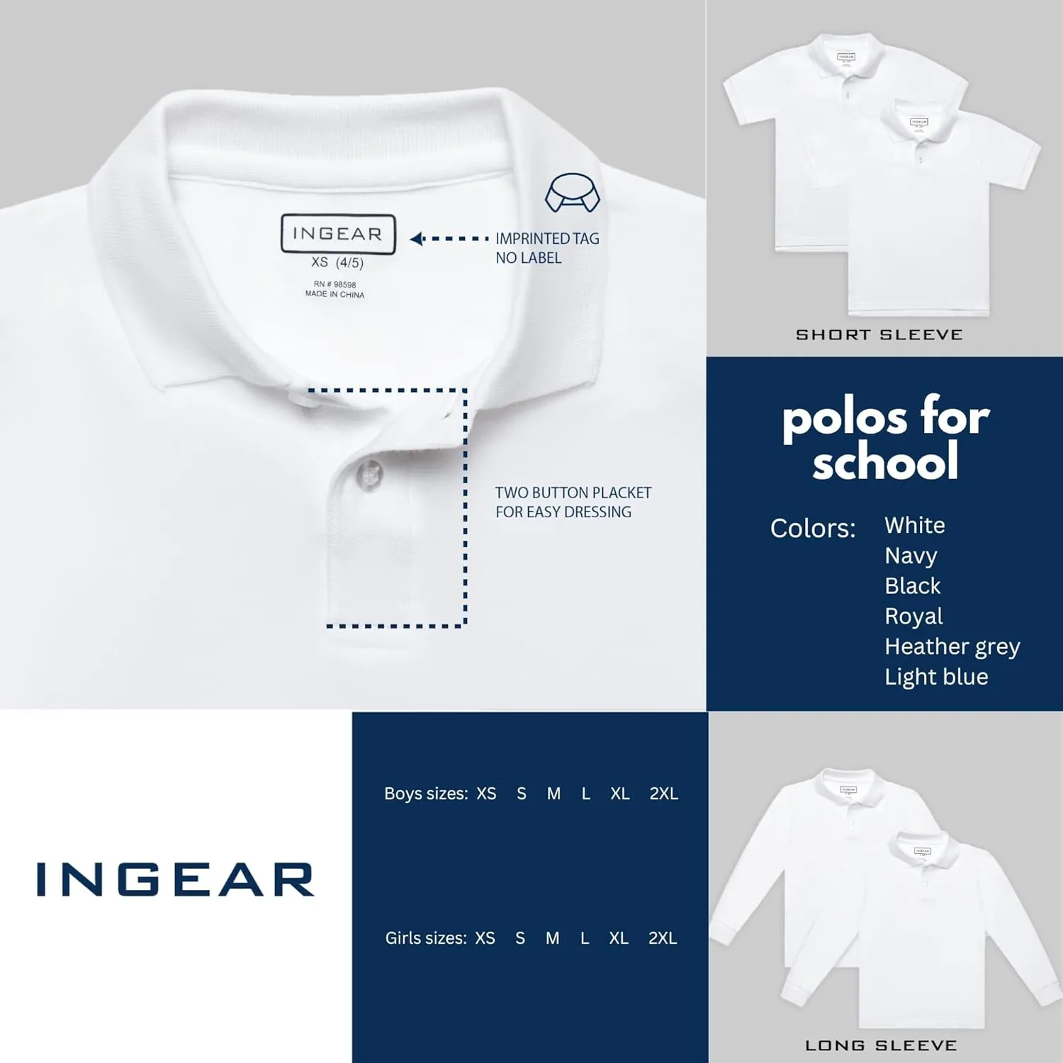 INGEAR Girls Short Sleeve Polo Shirt 2PK - School Uniform & Casual Wear