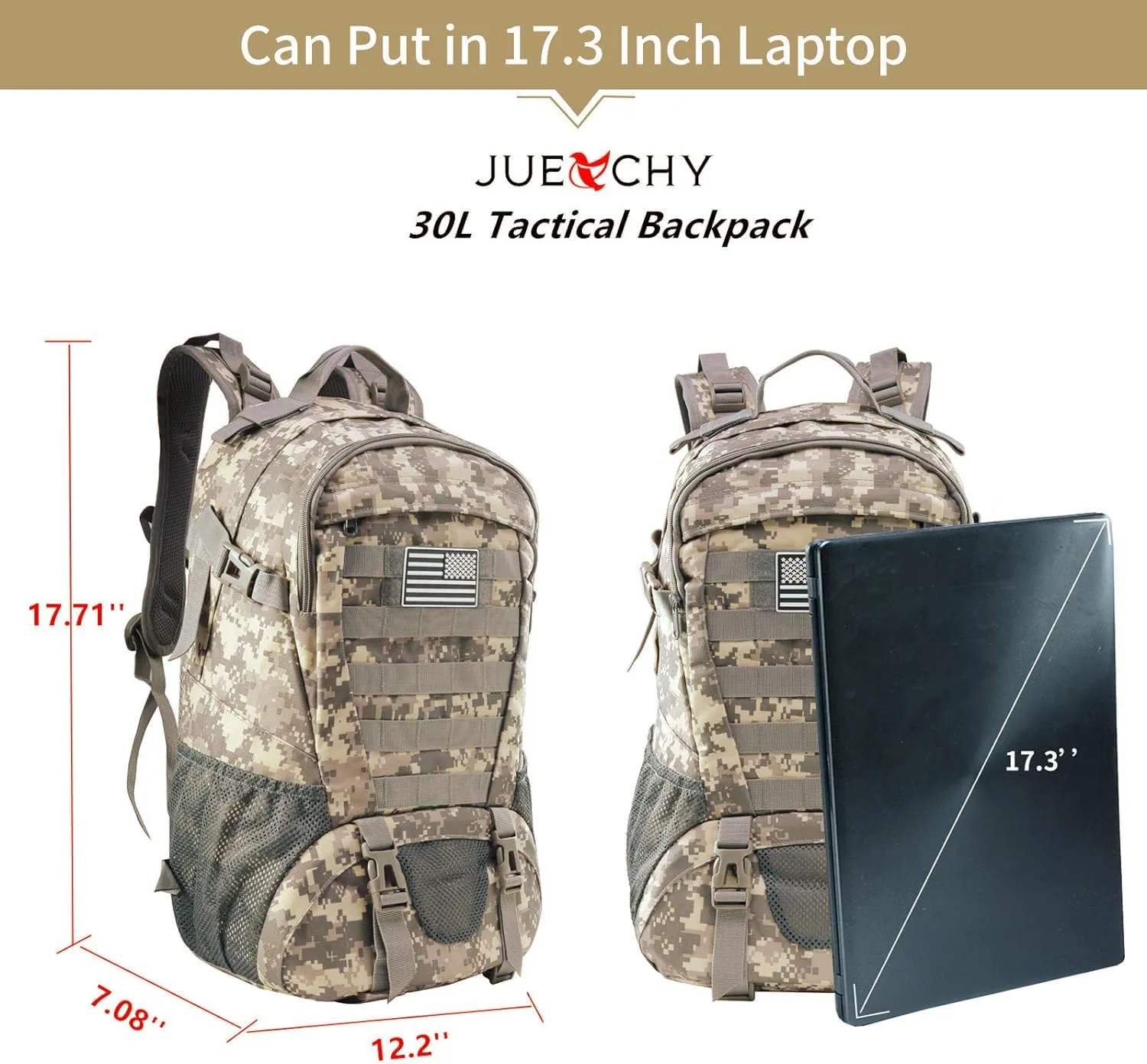 Jueachy Tactical Backpack for Men Hiking Day Pack Molle Military Rucksack Waterproof 30L EDC Bag with USA Flag Patch