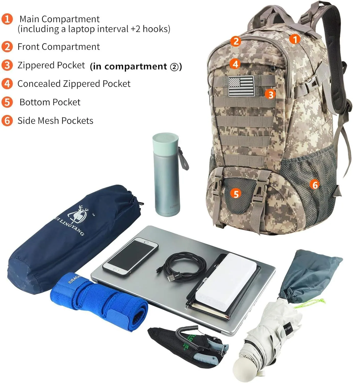 Jueachy Tactical Backpack for Men Hiking Day Pack Molle Military Rucksack Waterproof 30L EDC Bag with USA Flag Patch