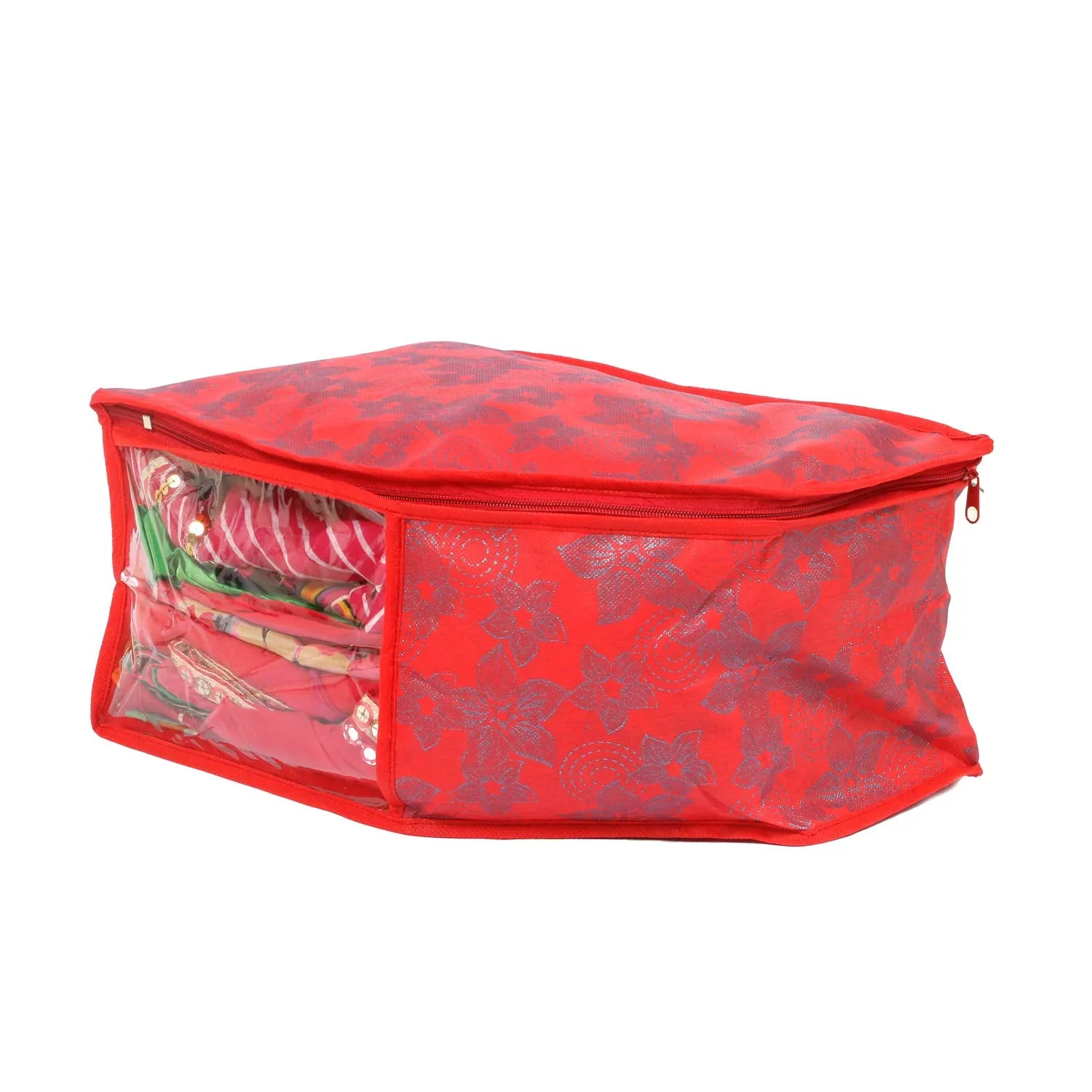 Kuber Industries Metallic Flower 2 Piece Non Woven Blouse Cover Set (Red) - CTKTC023177