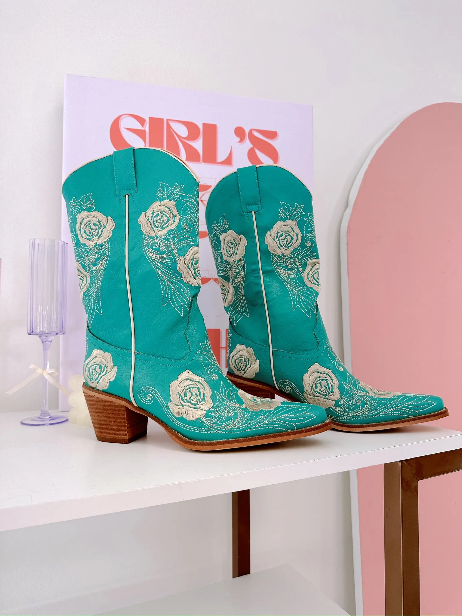 Livia Western Floral Embroidered Boots- Turquoise