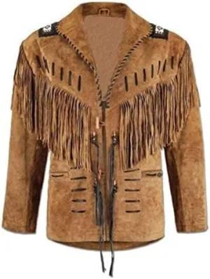 Mens Leather Buckskin Mountain Man Reenactment Suede Leather Native American Red Indian Fringes Beaded Jackets Warshirt
