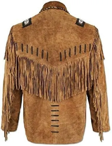 Mens Leather Buckskin Mountain Man Reenactment Suede Leather Native American Red Indian Fringes Beaded Jackets Warshirt