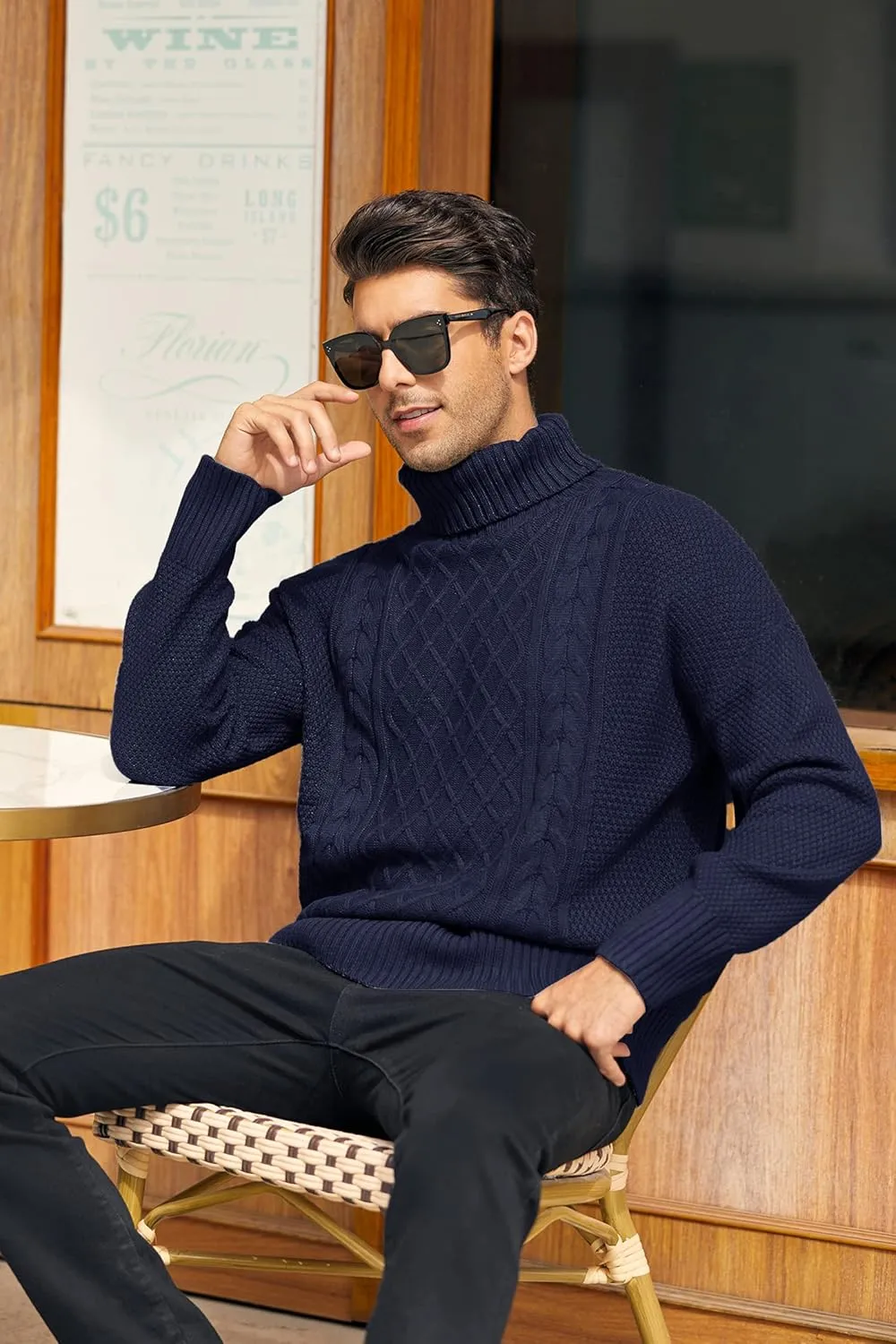 Mens Turtleneck Sweater Pullover Twisted Pattern Casual Loose Fit Thick Winter Long Sleeve Cable Knit Sweaters