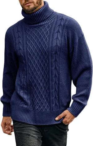 Mens Turtleneck Sweater Pullover Twisted Pattern Casual Loose Fit Thick Winter Long Sleeve Cable Knit Sweaters