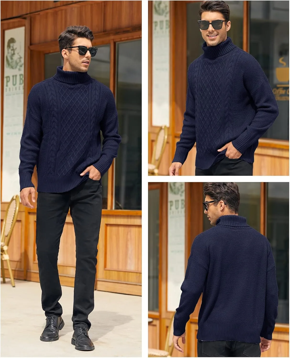 Mens Turtleneck Sweater Pullover Twisted Pattern Casual Loose Fit Thick Winter Long Sleeve Cable Knit Sweaters