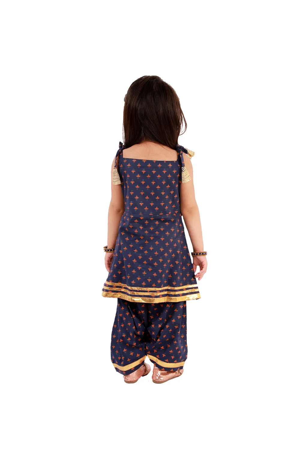 Navy blue block printed gota work kurta with salwar