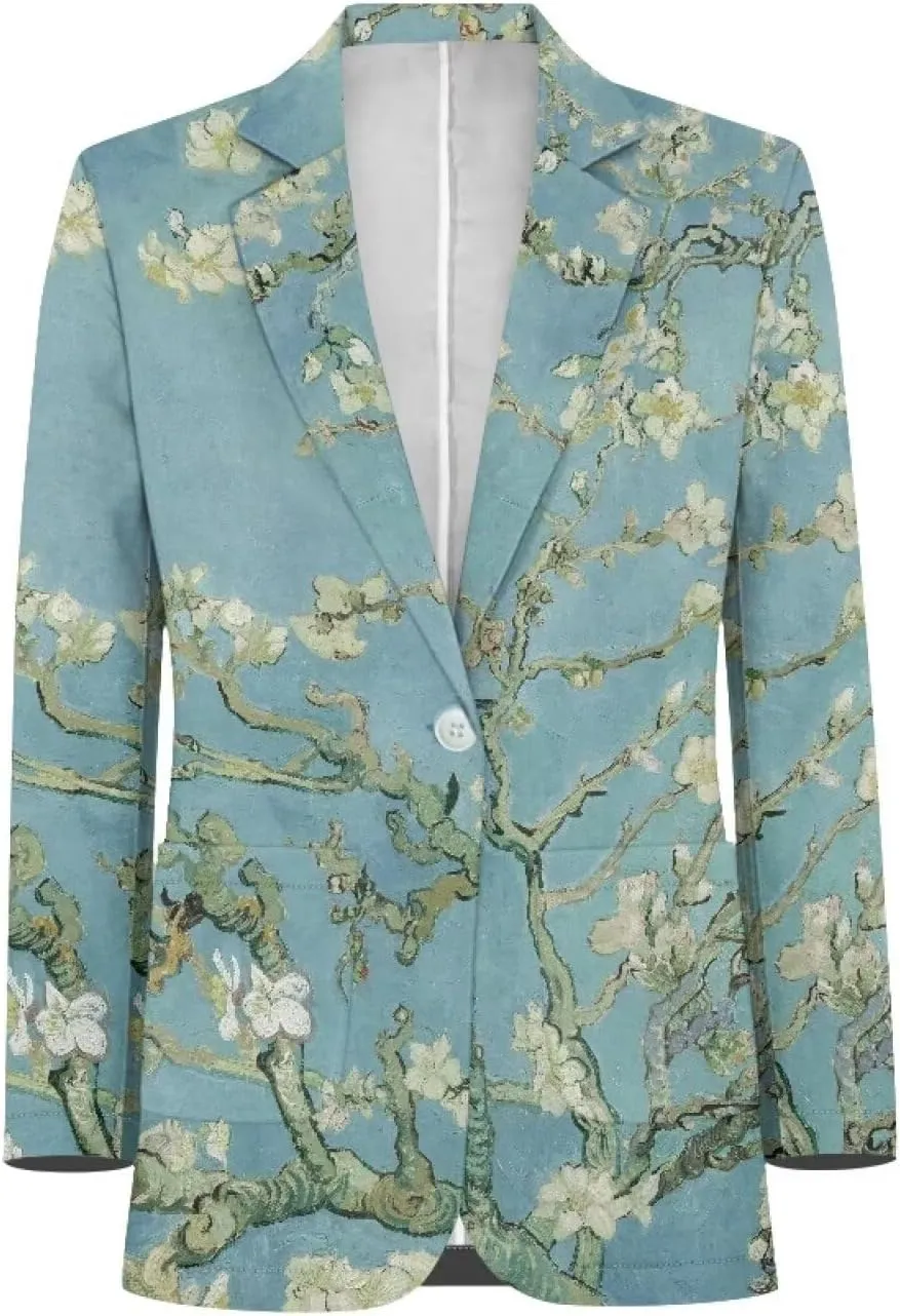 Oil Painting Printed Women's Long Sleeve Blazer with Pockets Single Button Jacket for Painting Exhibition, Party