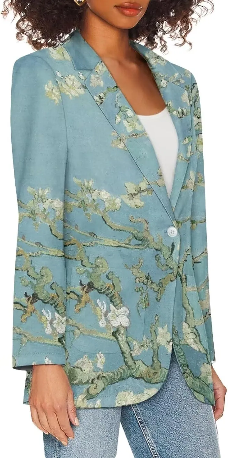 Oil Painting Printed Women's Long Sleeve Blazer with Pockets Single Button Jacket for Painting Exhibition, Party