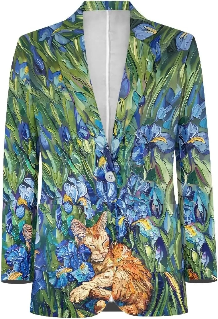Oil Painting Printed Women's Long Sleeve Blazer with Pockets Single Button Jacket for Painting Exhibition, Party