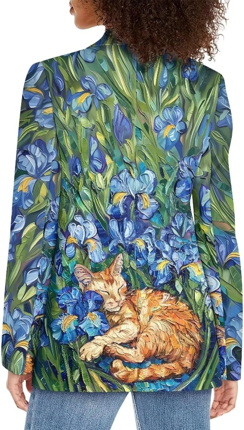 Oil Painting Printed Women's Long Sleeve Blazer with Pockets Single Button Jacket for Painting Exhibition, Party