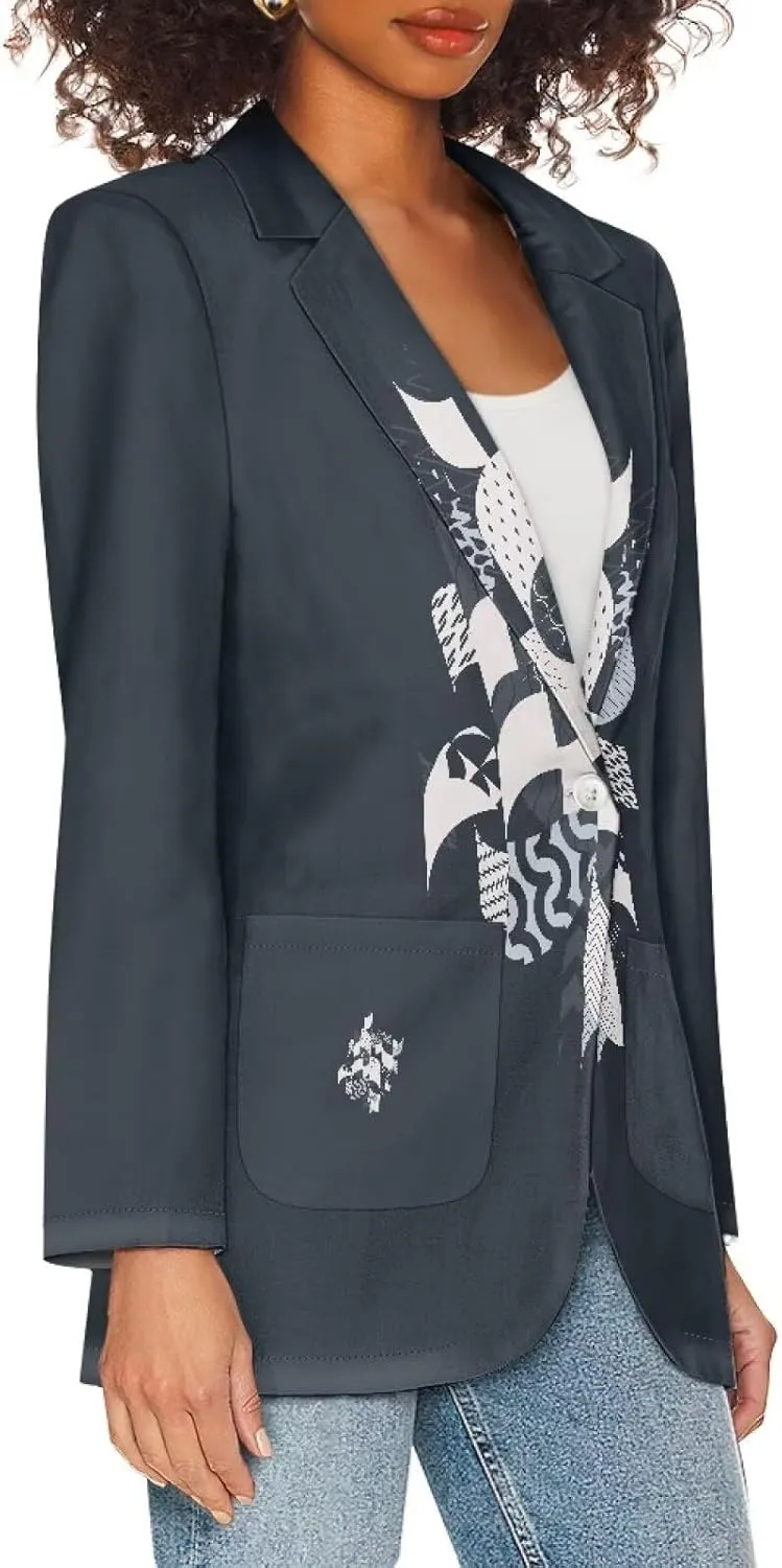 Oil Painting Printed Women's Long Sleeve Blazer with Pockets Single Button Jacket for Painting Exhibition, Party