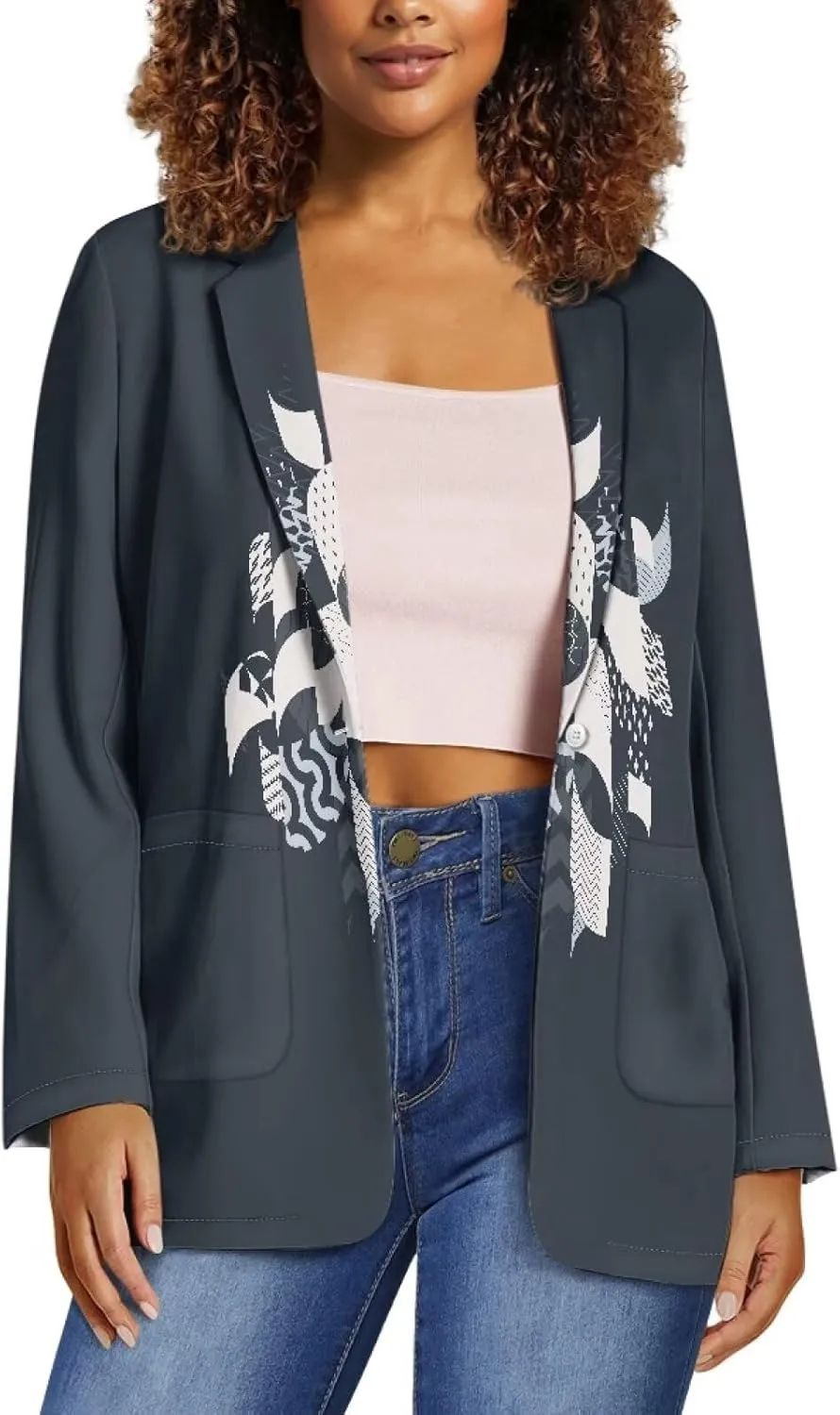 Oil Painting Printed Women's Long Sleeve Blazer with Pockets Single Button Jacket for Painting Exhibition, Party