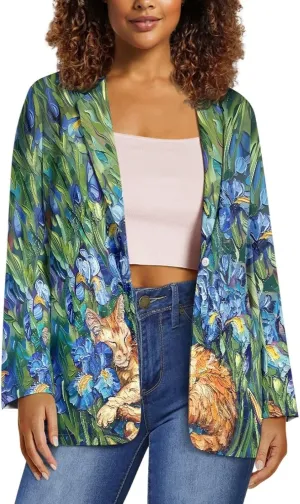 Oil Painting Printed Women's Long Sleeve Blazer with Pockets Single Button Jacket for Painting Exhibition, Party