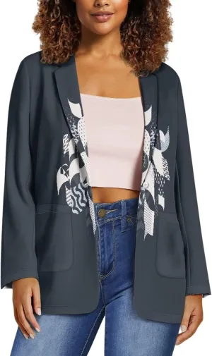 Oil Painting Printed Women's Long Sleeve Blazer with Pockets Single Button Jacket for Painting Exhibition, Party