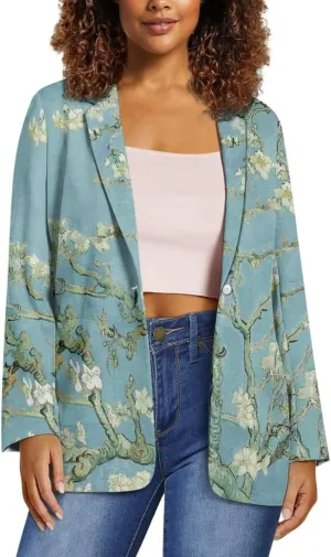 Oil Painting Printed Women's Long Sleeve Blazer with Pockets Single Button Jacket for Painting Exhibition, Party