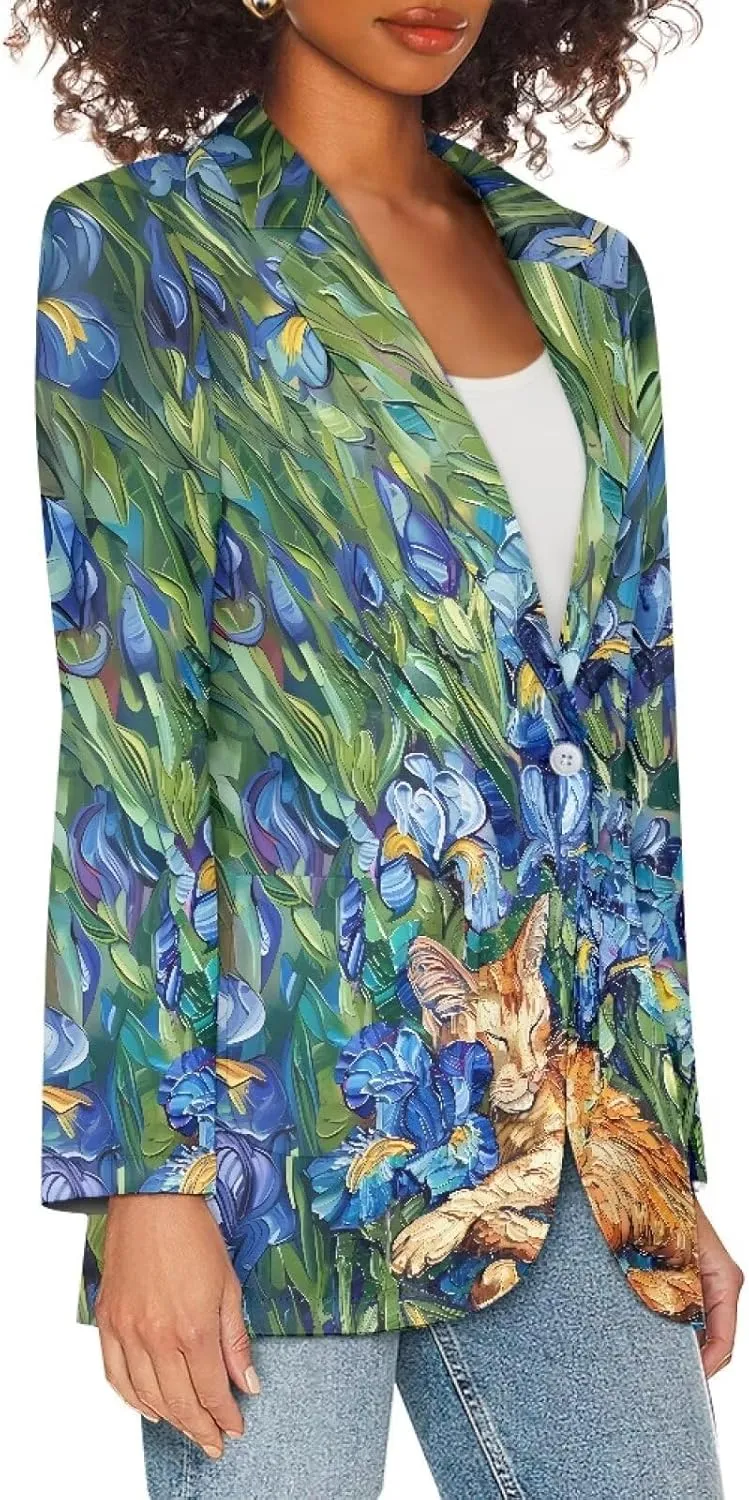 Oil Painting Printed Women's Long Sleeve Blazer with Pockets Single Button Jacket for Painting Exhibition, Party