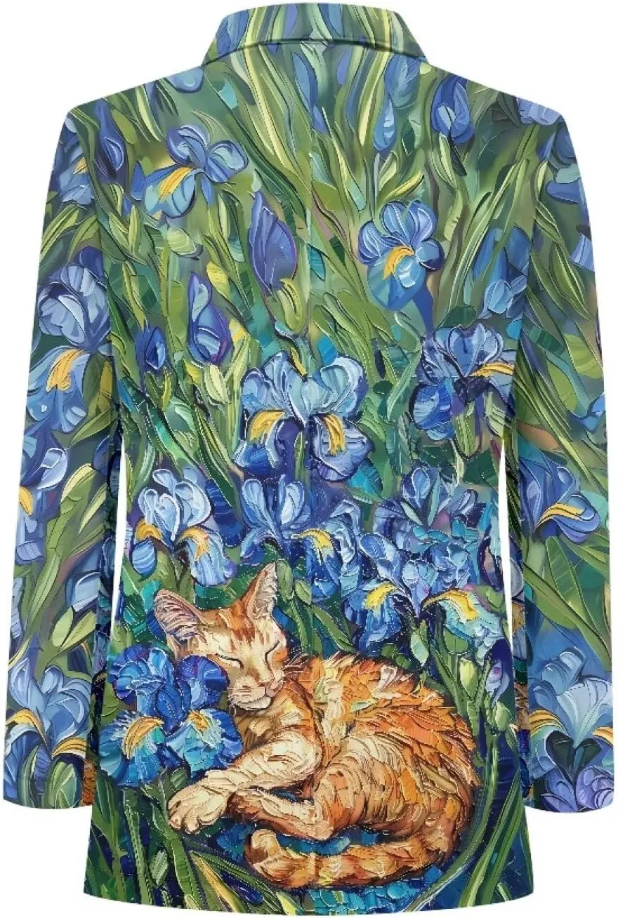 Oil Painting Printed Women's Long Sleeve Blazer with Pockets Single Button Jacket for Painting Exhibition, Party