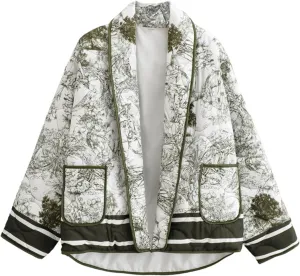 Omoone Women's Quilted Jacket Cardigan Lightweight Floral Print Open Front Padded Puffer Jackets