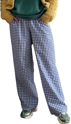 Owl's-Yard Women Y2K Gingham Print Pants Elastic Waist Dreawstring Wide Leg Trousers Striped Casual Lounge Pants with Pockets