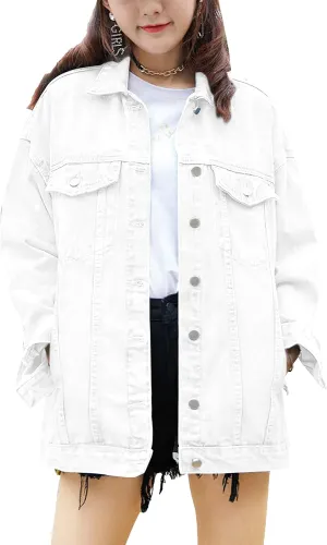 QIBABU Women Mid Long Denim Jacket Trucker Biker Oversized Distressed Jean Jackets