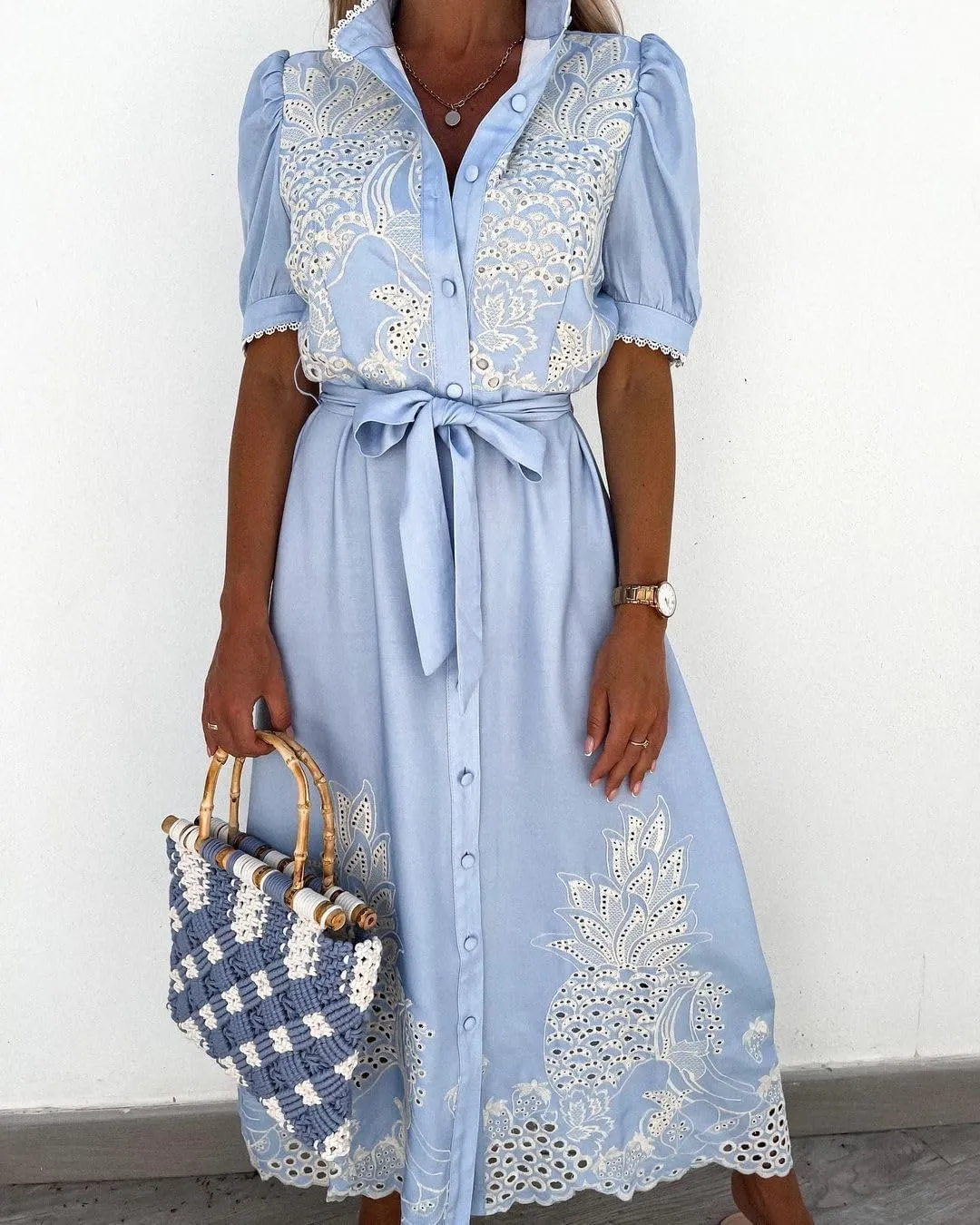Ru Sweet Women's Embroidered Eyelet Shirt Dresses Belted Puff Sleeve Button Down Swing Boho Cotton Maxi Shirt Dress