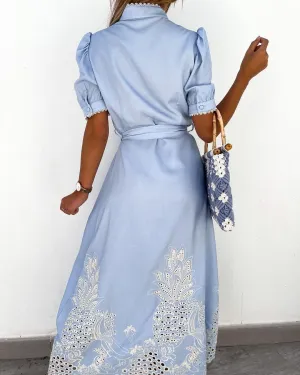 Ru Sweet Women's Embroidered Eyelet Shirt Dresses Belted Puff Sleeve Button Down Swing Boho Cotton Maxi Shirt Dress