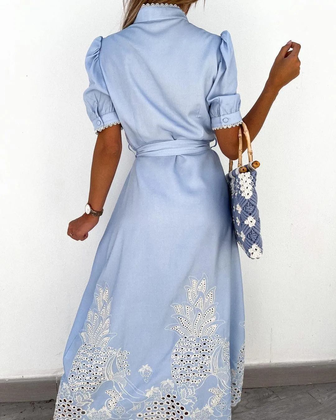 Ru Sweet Women's Embroidered Eyelet Shirt Dresses Belted Puff Sleeve Button Down Swing Boho Cotton Maxi Shirt Dress