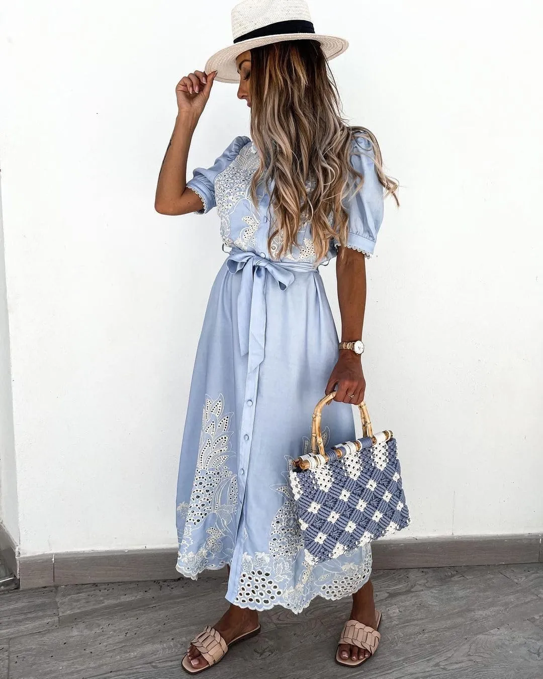 Ru Sweet Women's Embroidered Eyelet Shirt Dresses Belted Puff Sleeve Button Down Swing Boho Cotton Maxi Shirt Dress