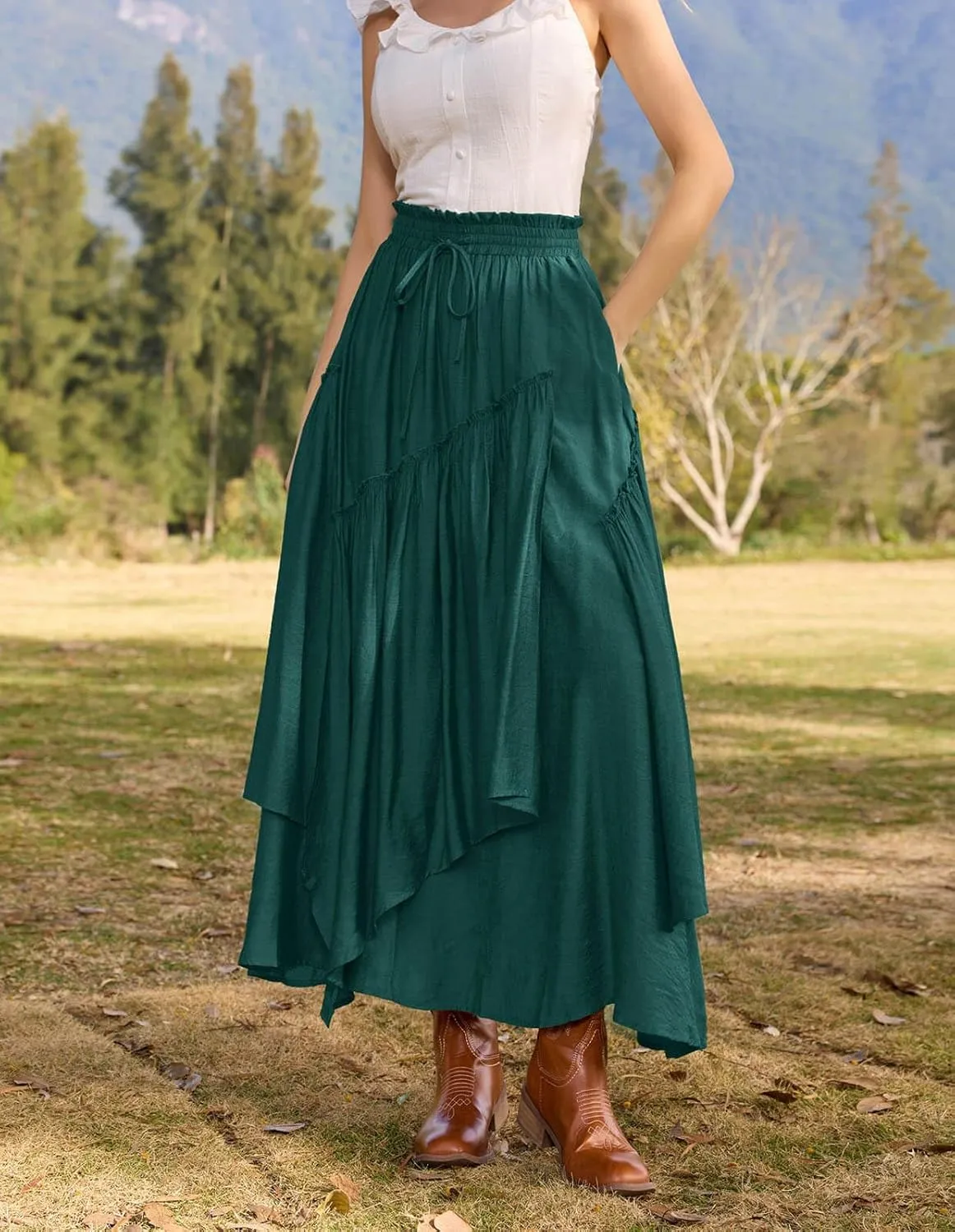 Scarlet Darkness Women Renaissance Layered Long Skirt Elastic High Waist Tiered Skirt with Pockets