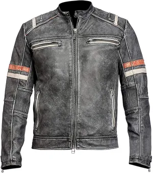 SpazeUp Mens Retro Black Distressed Leather Biker Jacket | Vintage Motorcycle Leather Jackets for Men