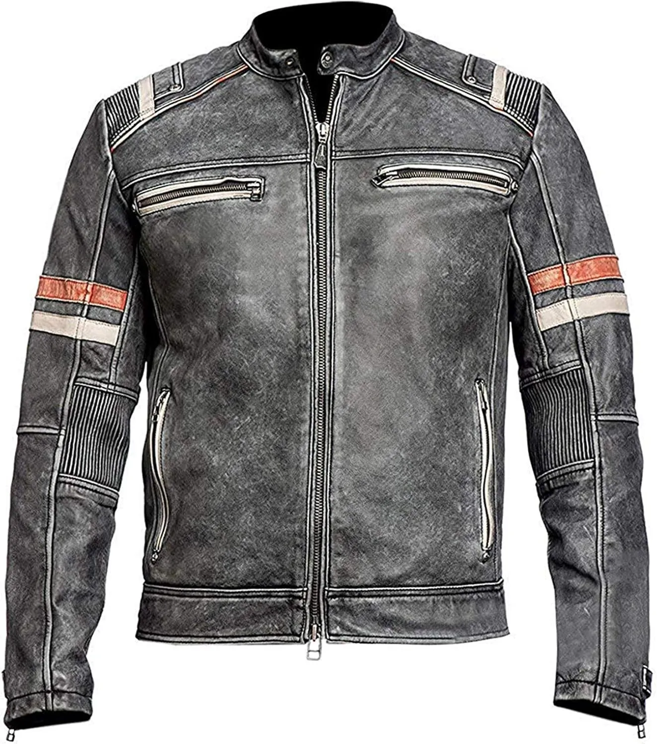 SpazeUp Mens Retro Black Distressed Leather Biker Jacket | Vintage Motorcycle Leather Jackets for Men