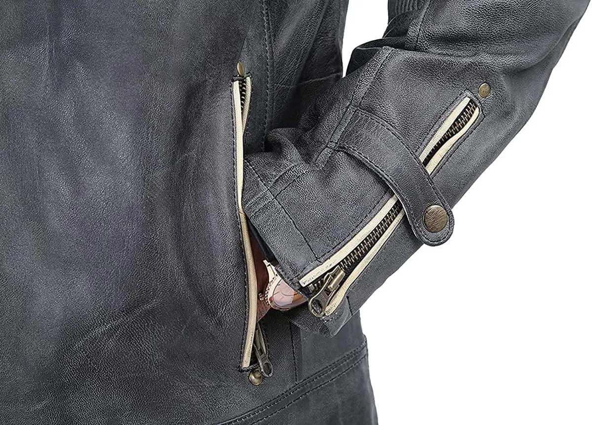 SpazeUp Mens Retro Black Distressed Leather Biker Jacket | Vintage Motorcycle Leather Jackets for Men