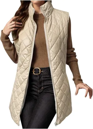 Uillui Long Winter Vest for Women 2024 Trendy Outwear Lightweight Quilted Puffer Down Vest Women Warm Padded Gilet Jackets