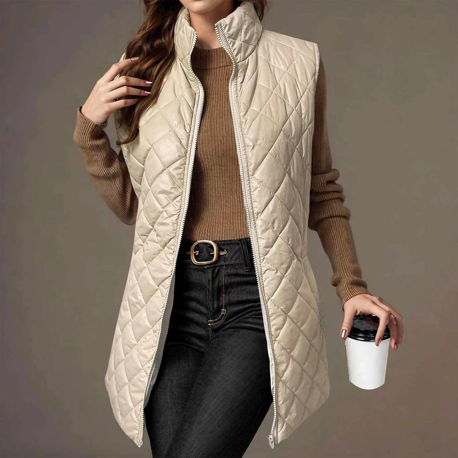 Uillui Long Winter Vest for Women 2024 Trendy Outwear Lightweight Quilted Puffer Down Vest Women Warm Padded Gilet Jackets