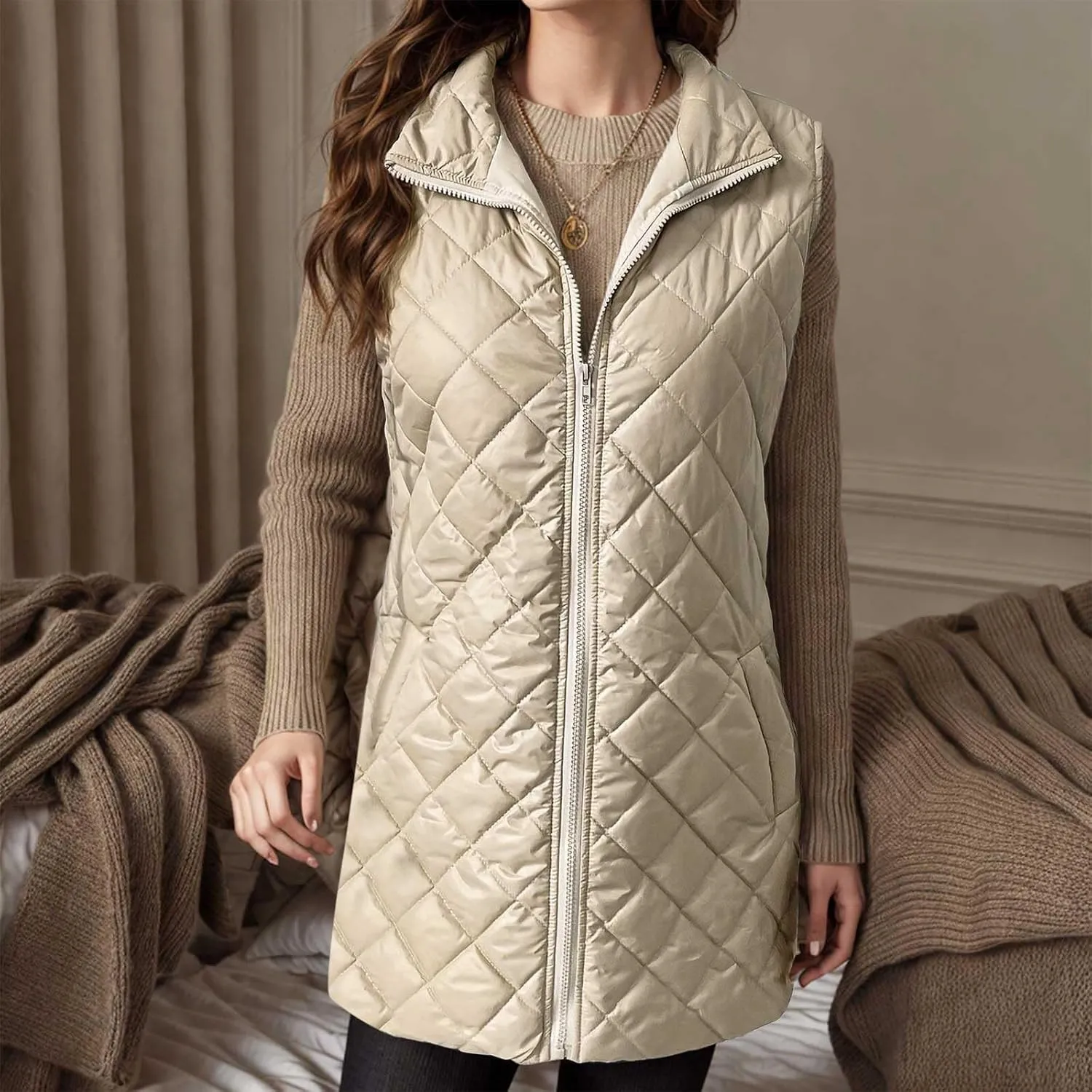 Uillui Long Winter Vest for Women 2024 Trendy Outwear Lightweight Quilted Puffer Down Vest Women Warm Padded Gilet Jackets