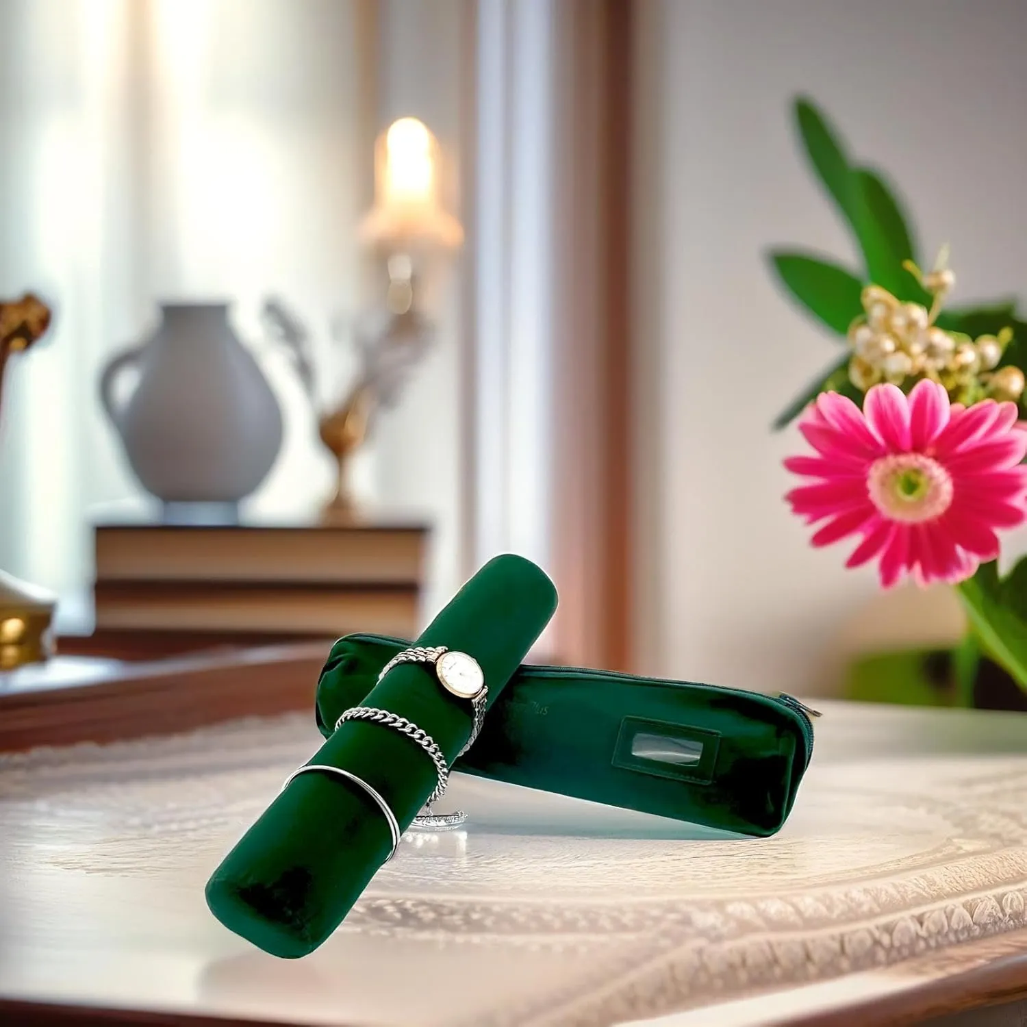 Velvet Jewelry Roll Bag for Brackets Bangles Watches, Great Jewelry Organizer for Travel, Blackish Green