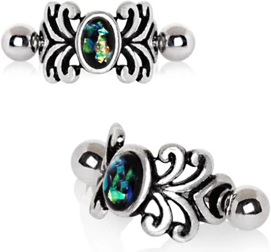 WildKlass Jewelry Medieval Design Cartilage Earring, Green & Blue Opal, 316L Stainless Steel, Lobster Clasp