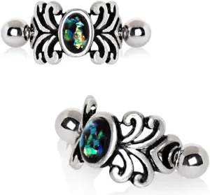 WildKlass Jewelry Medieval Design Cartilage Earring, Green & Blue Opal, 316L Stainless Steel, Lobster Clasp