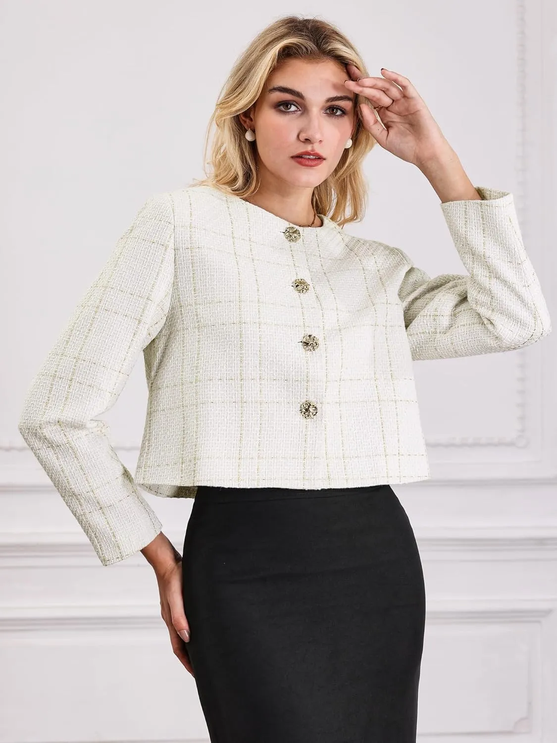 Women's Collarless Blazer Plaid Button Front Crop Tweed Jacket
