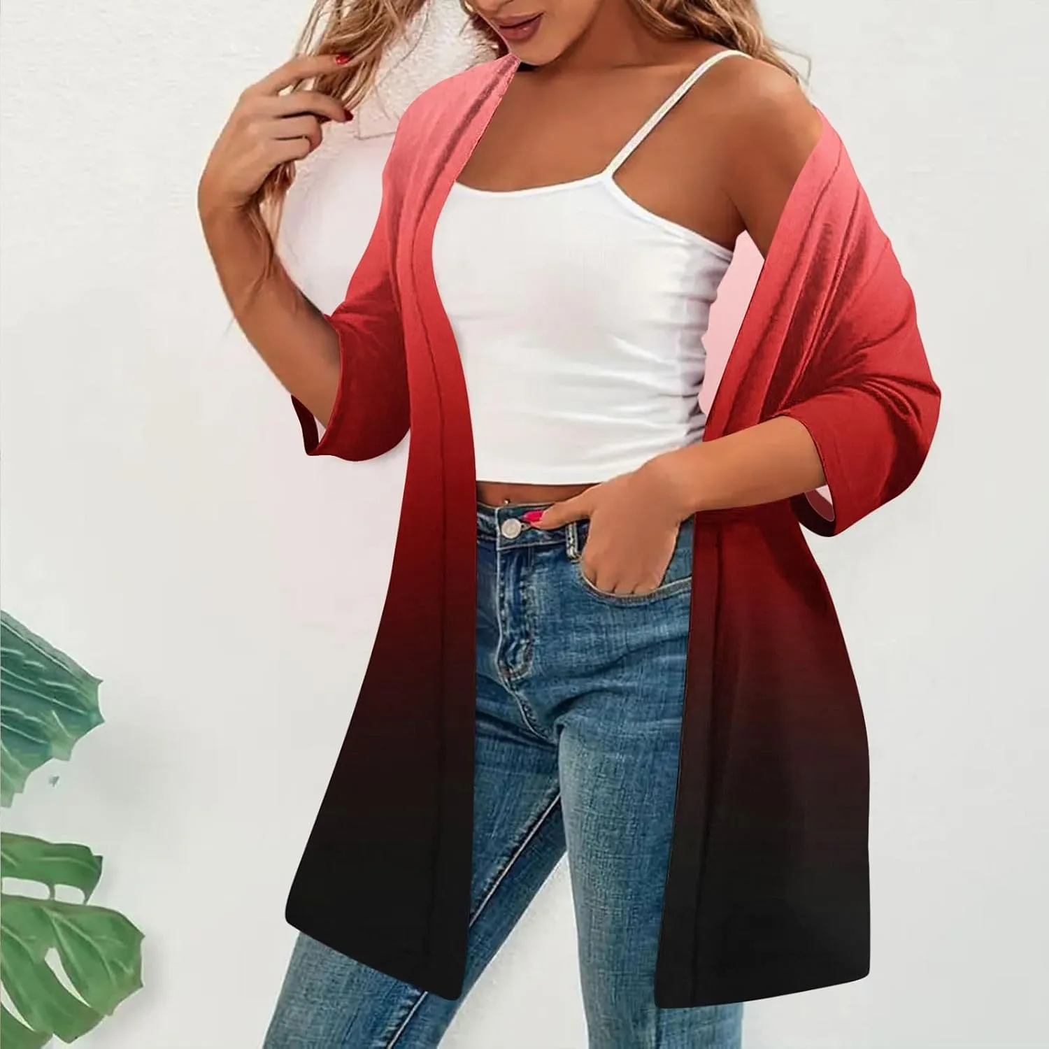 Women's Gradient Color Draped Front Open Cardigan Casual Half Sleeve Lightweight Cardigan Sweaters Duster 2024