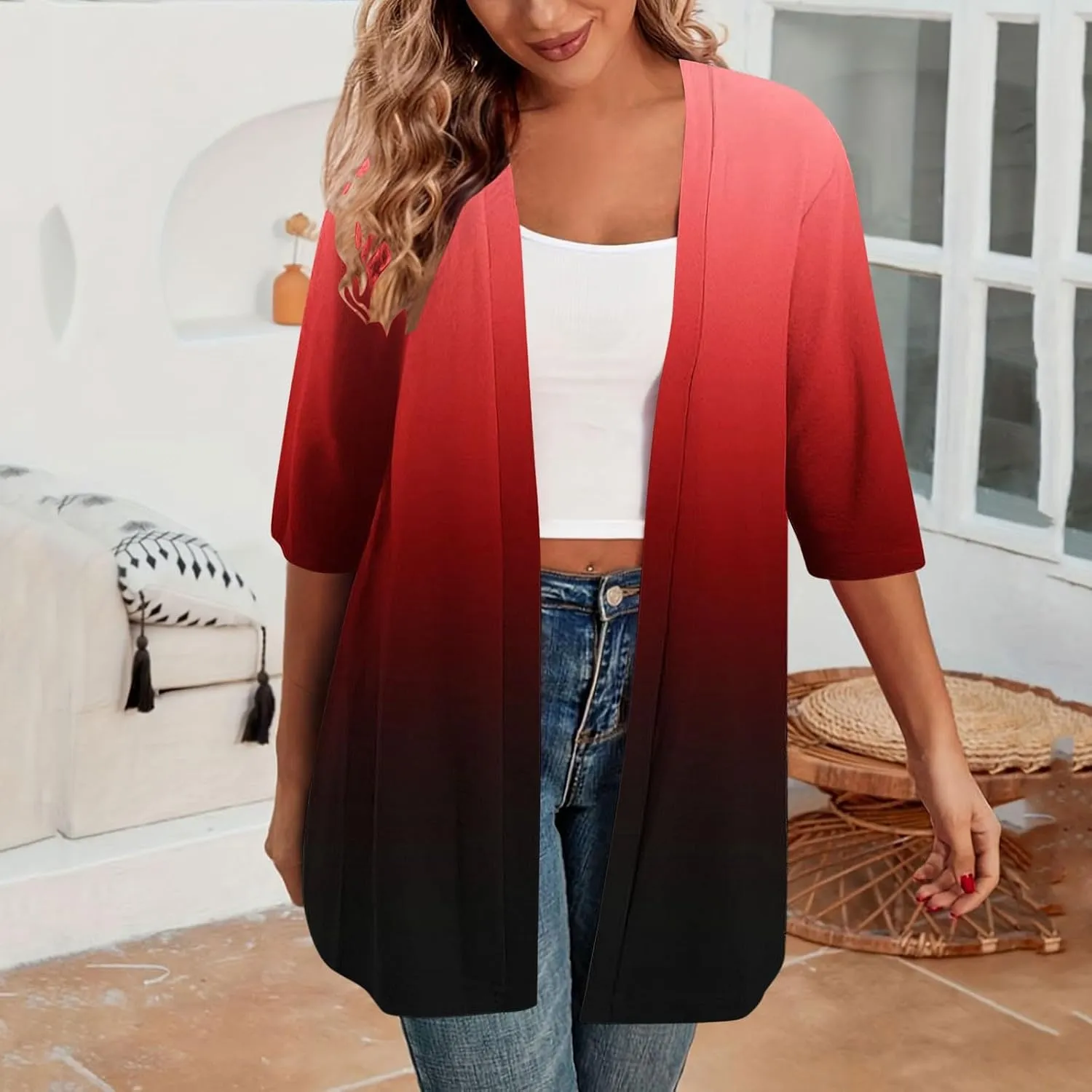 Women's Gradient Color Draped Front Open Cardigan Casual Half Sleeve Lightweight Cardigan Sweaters Duster 2024