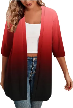 Women's Gradient Color Draped Front Open Cardigan Casual Half Sleeve Lightweight Cardigan Sweaters Duster 2024
